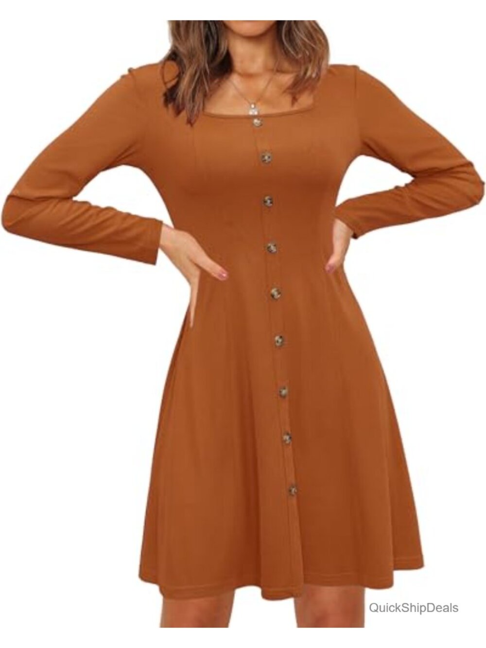 Women's Ribbed Knit Long Sleeve Square Neck Casual Dress